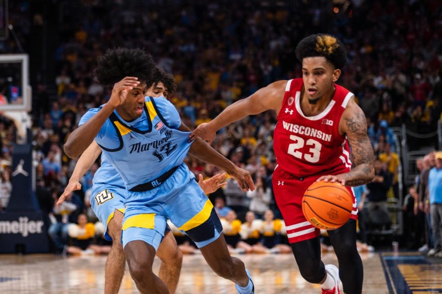 Wisconsin sophomore guard Chucky Hepburn (23) finished with 19 points in the Badgers 80-77 overtime win over Marquette Dec. 3 at Fiserv Forum.