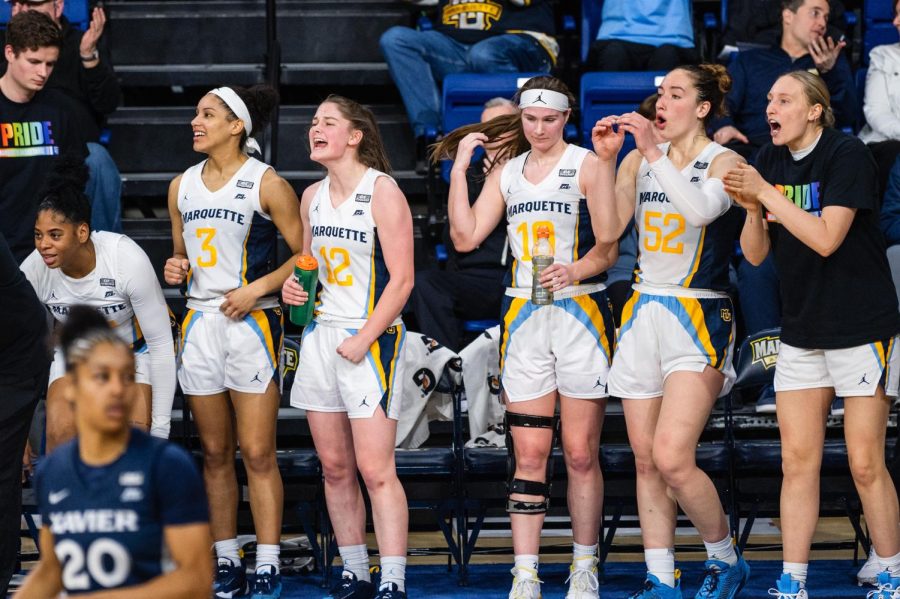 Marquette+womens+basketball+celebrates+from+the+bench+in+its+win+over+Xavier+Jan.+25.+