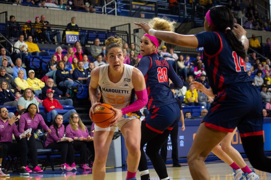 Senior forward Chloe Marotta (52) reached the 1,000 point career milestone in Marquette womens basketballs 61-38 win over St. Johns Feb. 18 at the Al McGuire Center. 
