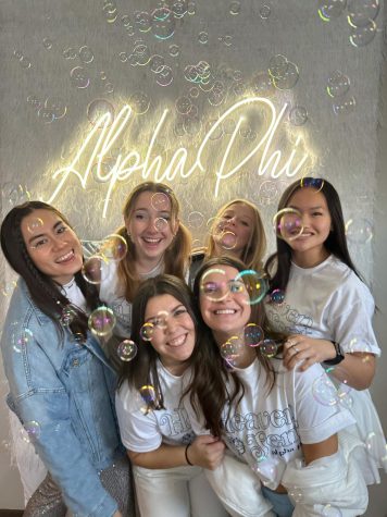 Wire's Caroline Bennett with her sorority sisters during 2023 bid day.
