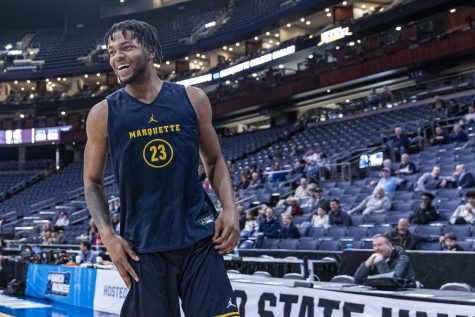 Sophomore forward David Joplin warming up during No. 6 Marquette mens basketballs practice at Nationwide Arena in Columbus, Ohio prior to Friday afternoons First Round matchup with Vermont in the NCAA Tournament. (Photo courtesy of Marquette Athletics.)