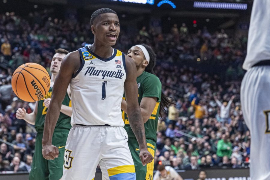 Sophomore guard Kam Jones led Marquette with 19 points in its win in the First Round of the NCAA Tournament Friday, March 17 at Nationwide Arena in Columbus, Ohio. (Photo courtesy of Marquette Athletics.)