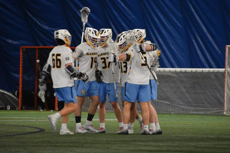 Marquette+mens+lacrosse+celebrates+after+a+goal+in+its+win+over+St.+Bonaventure+March+25+at+Valley+Fields.+