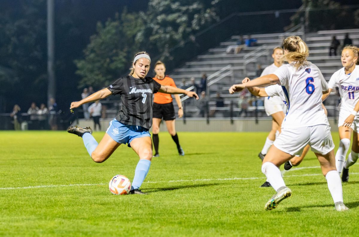 Hailey Block scored her first goal in two years in Marquettes 3-1 win over Creighton Thursday night. (Photo courtesy of Marquette Athletics.)