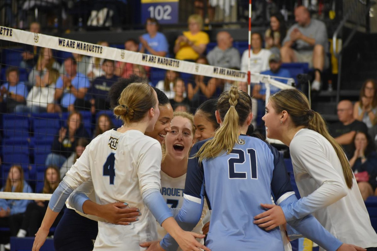 Marquette celebrates after a point in the Golden Eagles 3-0 loss to the Tennessee Volunteers.