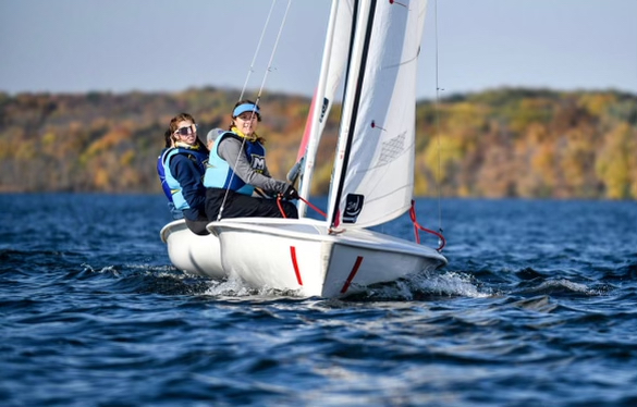 The Marquette sailing team casts off into Lake Michigan from the Milwaukee Yacht Club. (Photo courtesy of Marquette sailing team.)