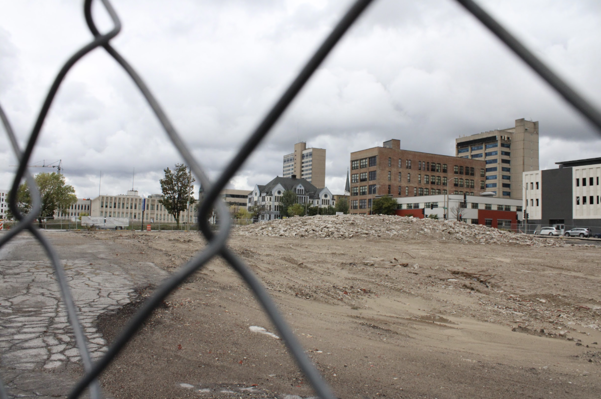 Empty land where the entertainment district will be located at North 6th St and the Marquette Interchange.