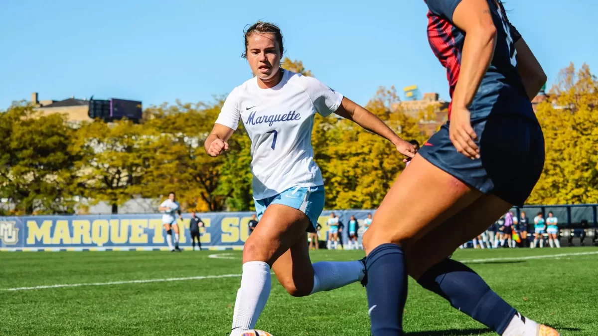Senior midfielder Hailey Block (7) in Marquette womens soccers 3-0 loss to St. Johns. (Photo courtesy of Marquette Athletics.)
