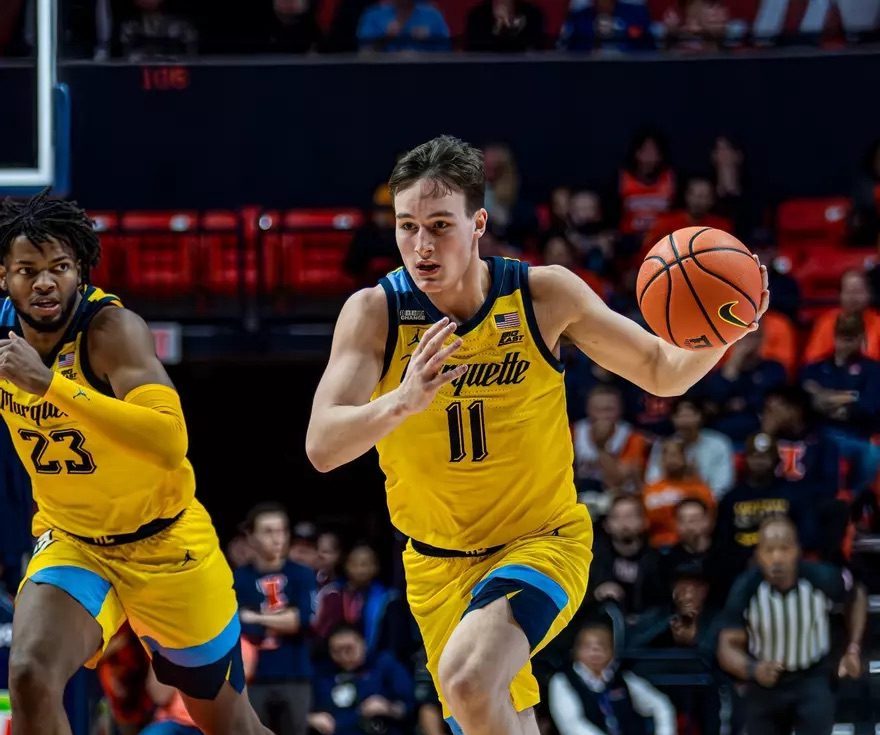 Senior guard Tyler Kolek finished with 24 points, six rebounds and four assists in No. 4 Marquette mens basketballs 71-64 win over No. 23 Illinois. (Photo courtesy of Marquette Athletics.)