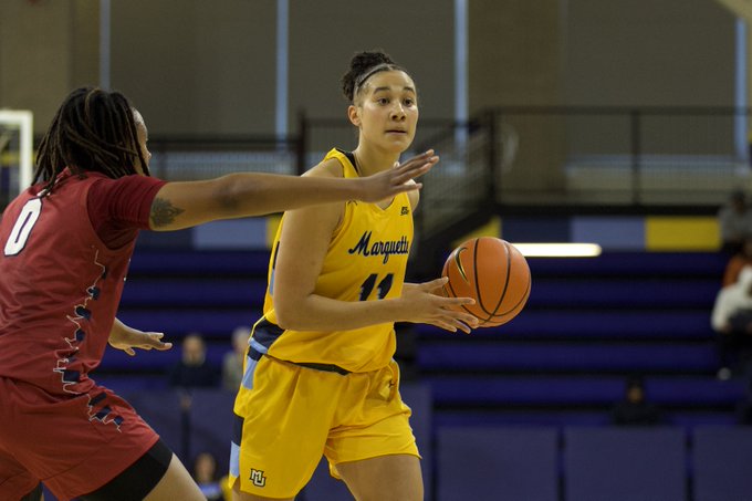 First-year+forward+Skylar+Forbes+finished+Marquettes+87-52+win+over+Penn+with+a+career-high+10+rebounds+and+26+minutes.+%28Photo+courtesy+of+Marquette+Athletics.%29