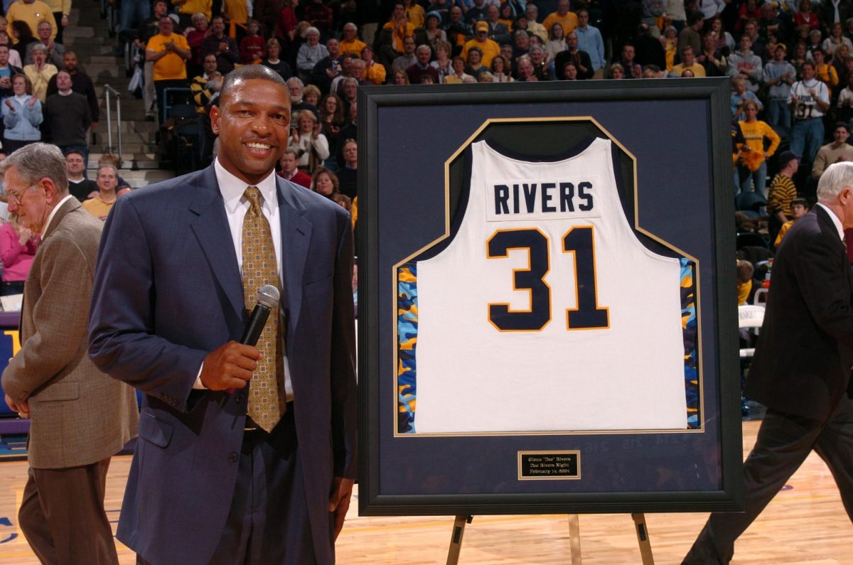 Doc Rivers jersey was retired by Marquette in February 2004. (Photo courtesy of Marquette Athletics.)