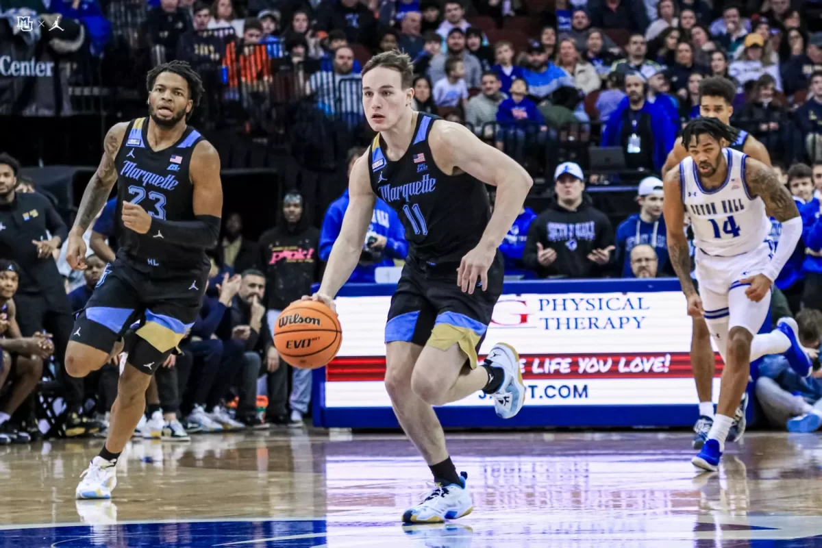 Tyler+Kolek+finished+1-for-6+from+the+field+in+No.+7+Marquettes+78-75+loss+to+Seton+Hall.+%28Photo+courtesy+of+Marquette+Athletics.%29