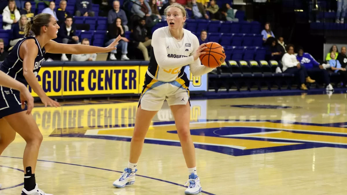Liza Karlen earned her fourth double-double of the season in Marquettes 59-48 win over Butler. (Photo courtesy of Marquette Athletics.)