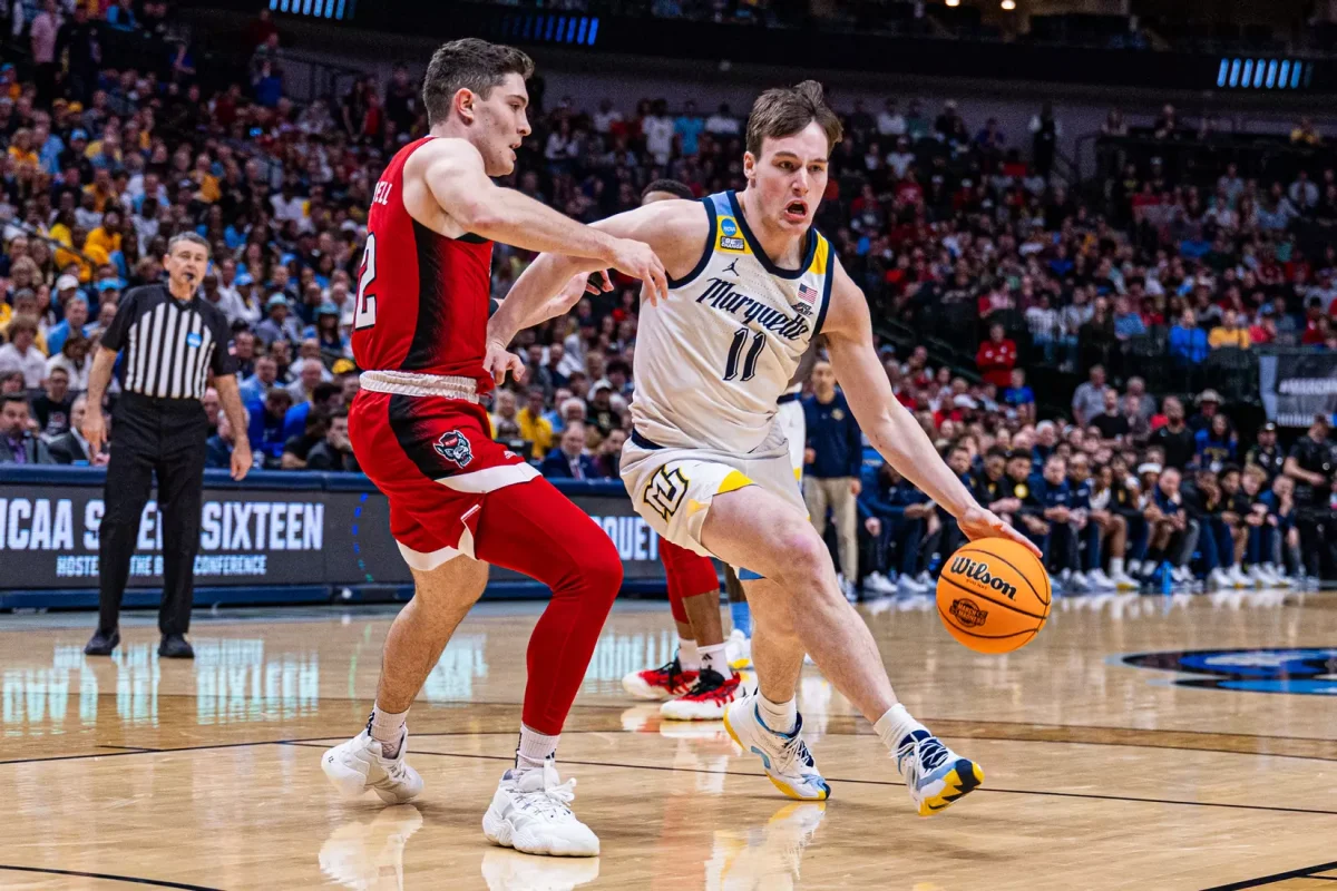 Tyler+Kolek+scored+17+points+in+Marquettes+season-ending+67-58+loss+to+NC+State.+%28Photo+courtesy+of+Marquette+Athletics.%29