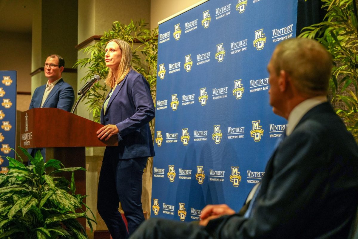 Cara Consuegra was introduced as the newest Marquette womens basketball head coach Thursday. (Photo courtesy of Marquette Athletics.)