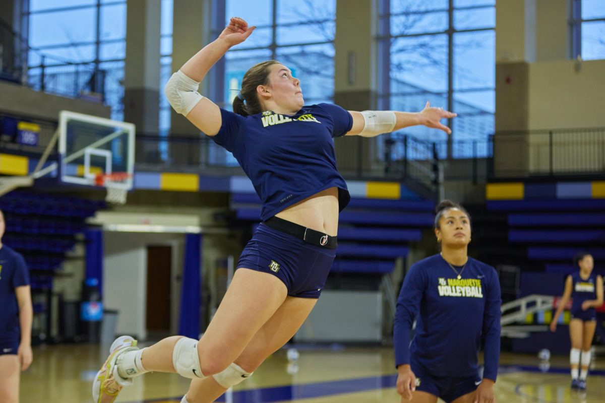 Natalie Ring has 35 kills this season and is averaging 1.75 kills per set — both more than double what those two stats were first year. (Photo courtesy of Marquette Athletics.)