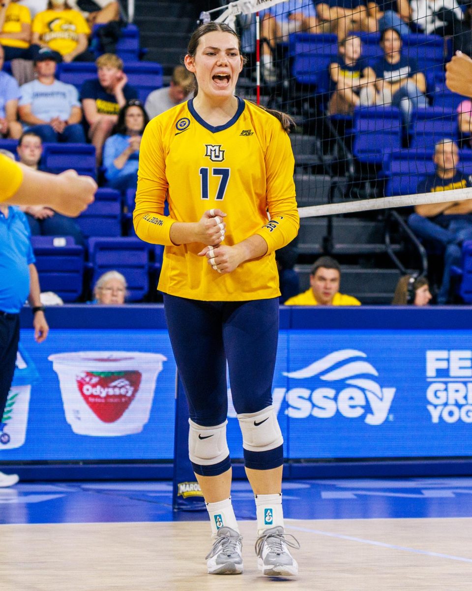 Junior outside hitter Natalie Ring racked up a match-high nine kills Sunday against Providence. (Photo courtesy of Marquette Athletics.)