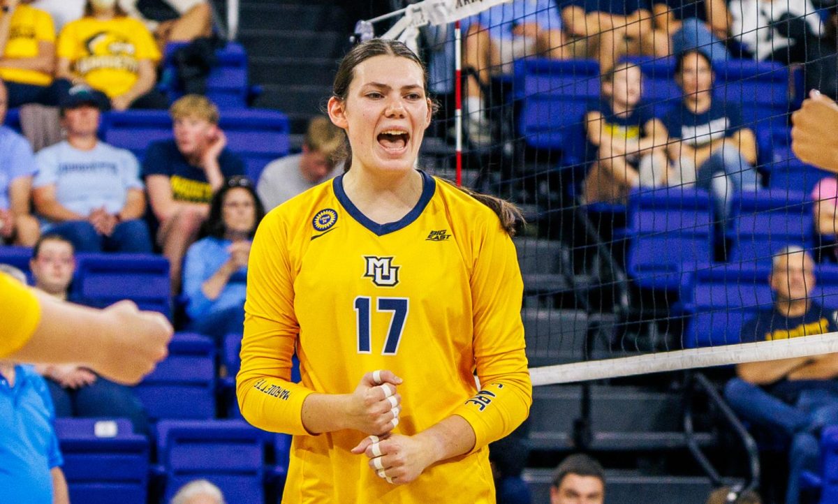 Junior outside hitter Natalie Ring racked up a match-high nine kills Sunday against Providence. (Photo courtesy of Marquette Athletics.)