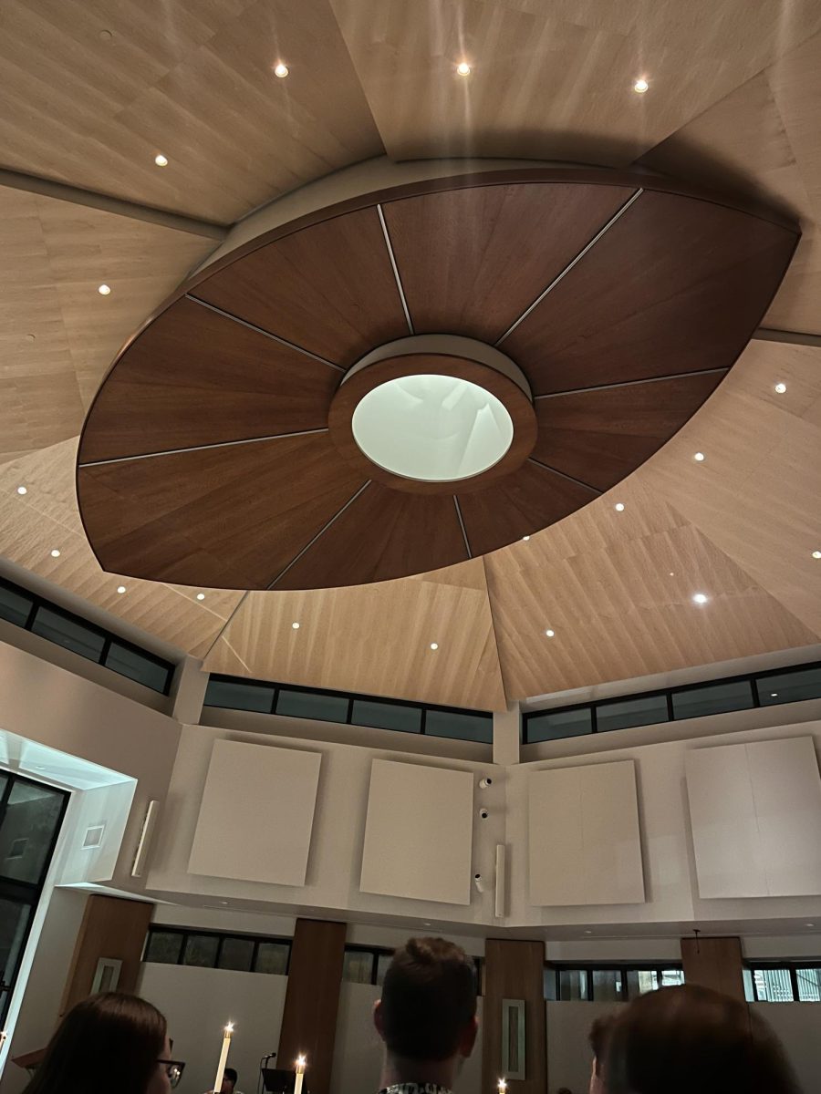 The ceiling of the renovated Chapel of the Holy Family features a skylight in the shape of an eye.