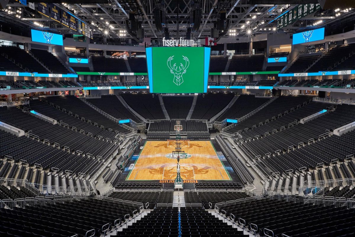 View of the Milwaukee Bucks court, located inside Fiserv Forum in the heart of Milwaukee. (Photo courtesy of Garret Rowland)