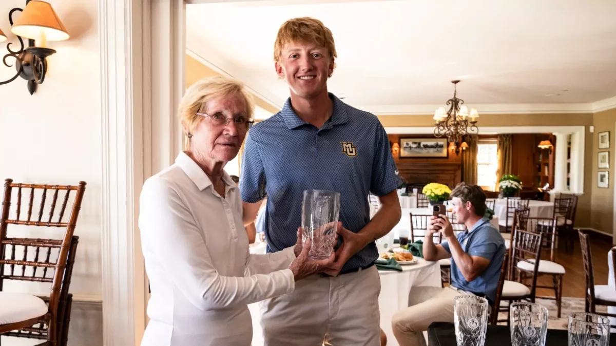 Patrick Adler poses with his trophy after winning the Windon Memorial Classic. (Photo courtesy of Marquette Athletics.)