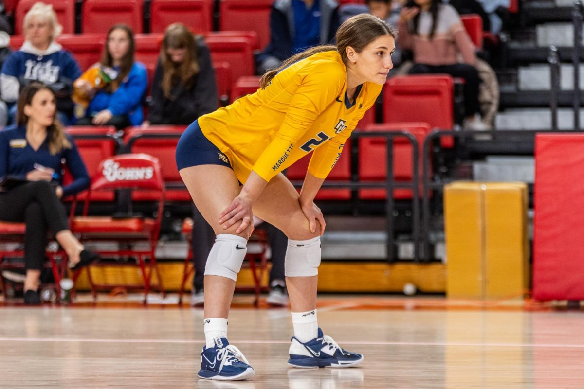 Marquette Women's Volleyball fell to St. John's 3-2 on Saturday, Oct. 14, 2023 at Carnesecca Arena. (Photo courtesy of Marquette Athletics.) 