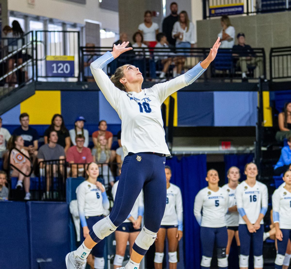 Aubrey Hamilton put up a career-high 28 kills in Marquette's reverse sweep win over DePaul. (Photo courtesy of Marquette Athletics.)