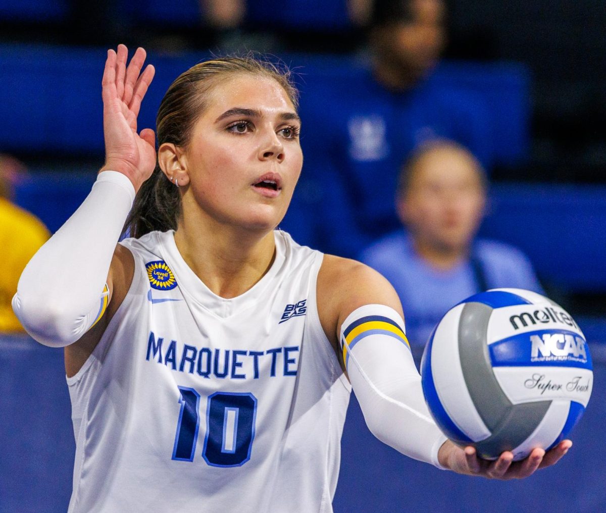 Aubrey Hamilton fired off a career-high 28 kills in Marquette's 3-2 win over DePaul Friday night at the Al McGuire Center. (Photo courtesy of Marquette Athletics)