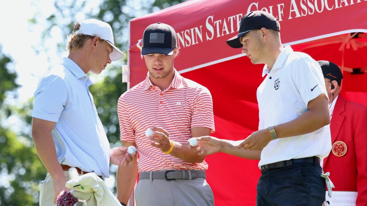 Mason (middle) and Max (right) Schmidtke were paired together for the first time ever in competition this summer at the Wisconsin Amateur at The Legend at Merrill Hills in Waukesha, Wisconsin. (Photo courtesy of Mason Schmidtke.)