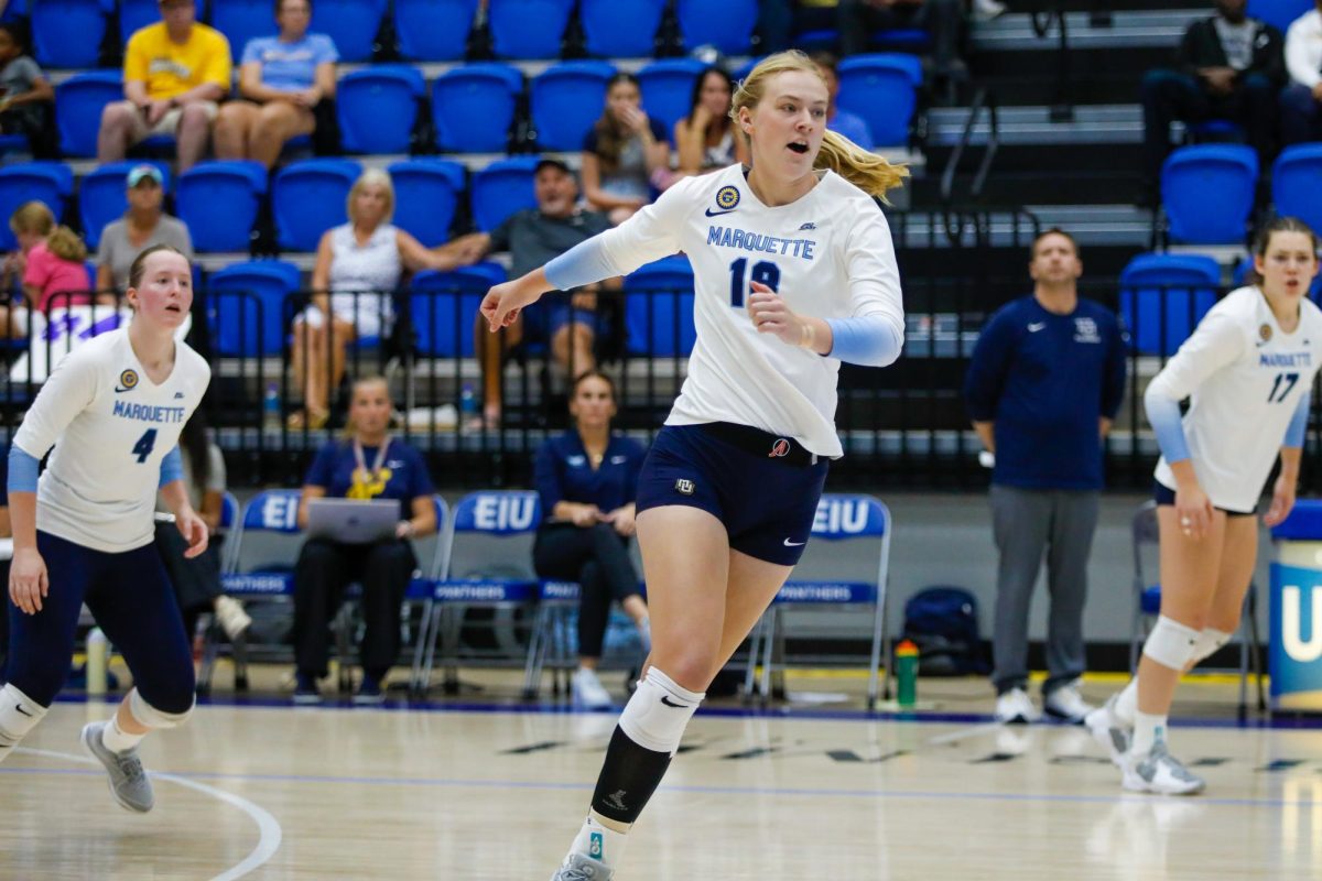 Morgan Daugherty posted a career-best five kills and hit .625 (5-0-8) with two digs and a block in Marquette's 3-1 win over DePaul. (Photo courtesy of Marquette Athletics.)