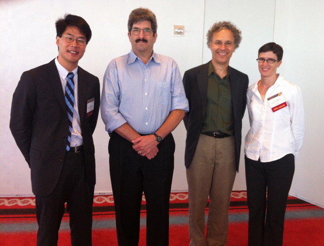 (From left to right) Eric Lai, Gary Ruvkun, Victor Ambros and Allison Abbott attended the 2012 MicroRNA Symposium together. Photo courtesy of Allison Abbott.