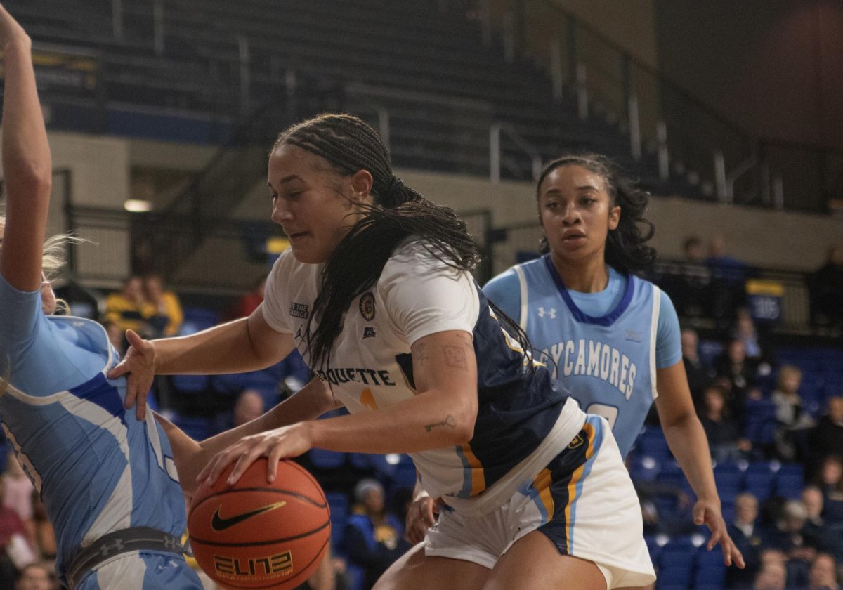 Skylar Forbes drives to the basket against Indiana State Tuesday, Dec. 3 in Marquette's 83-67 win.