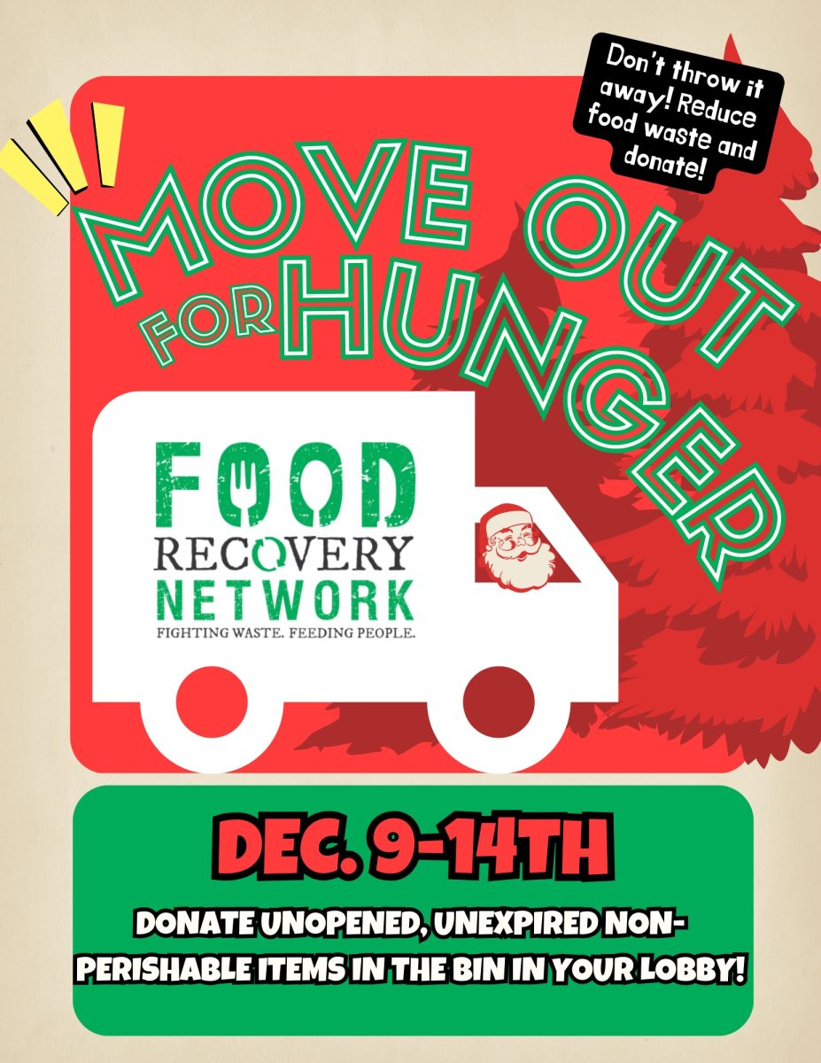 From Dec. 9-14, there will be bins located in the lobby of each residence hall where students can donate food items.