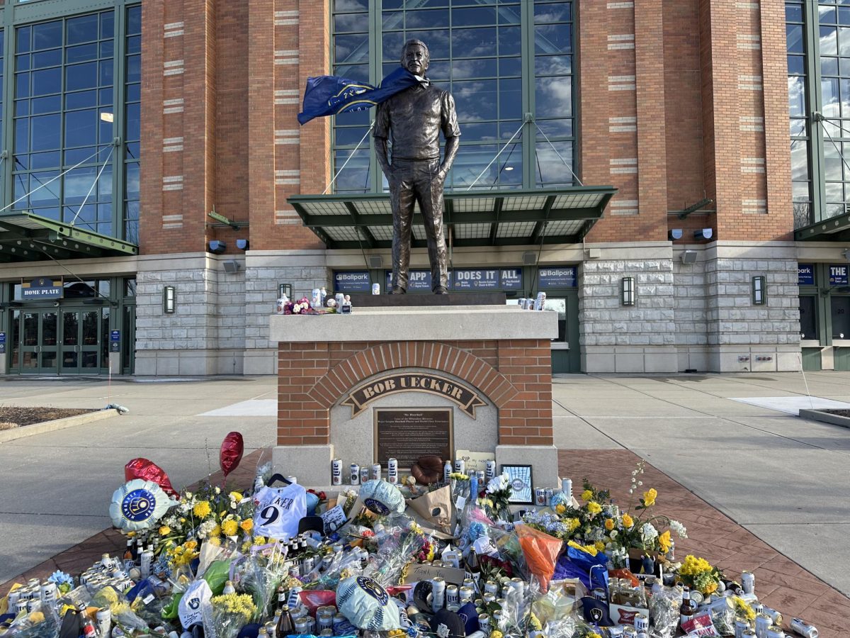 "Just a bit outside" and to the right of the American Family Field home plate entrance, Bob Uecker stands tall.