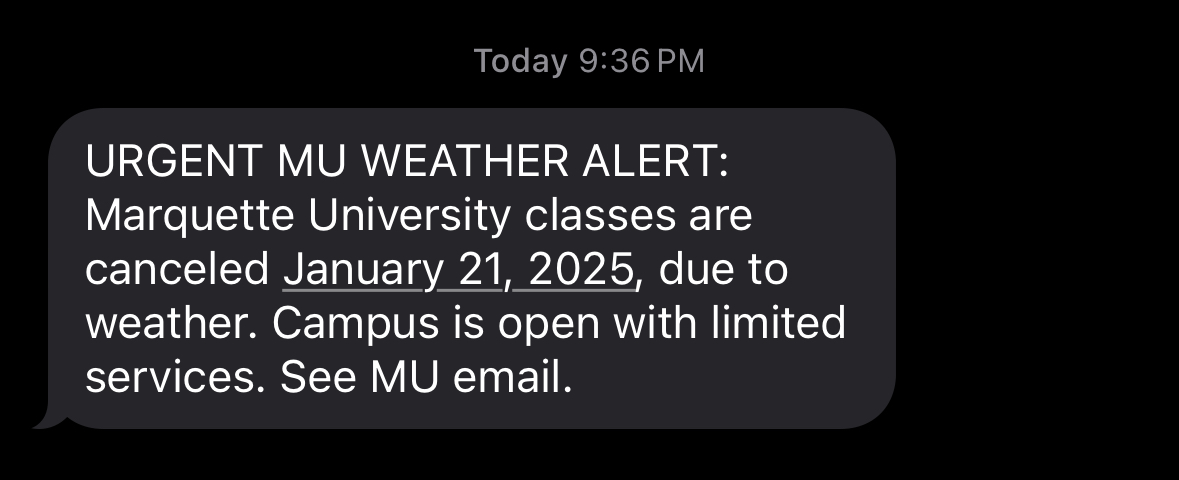 Students initially received a safety alert text message notifying them that class was canceled Tuesday.