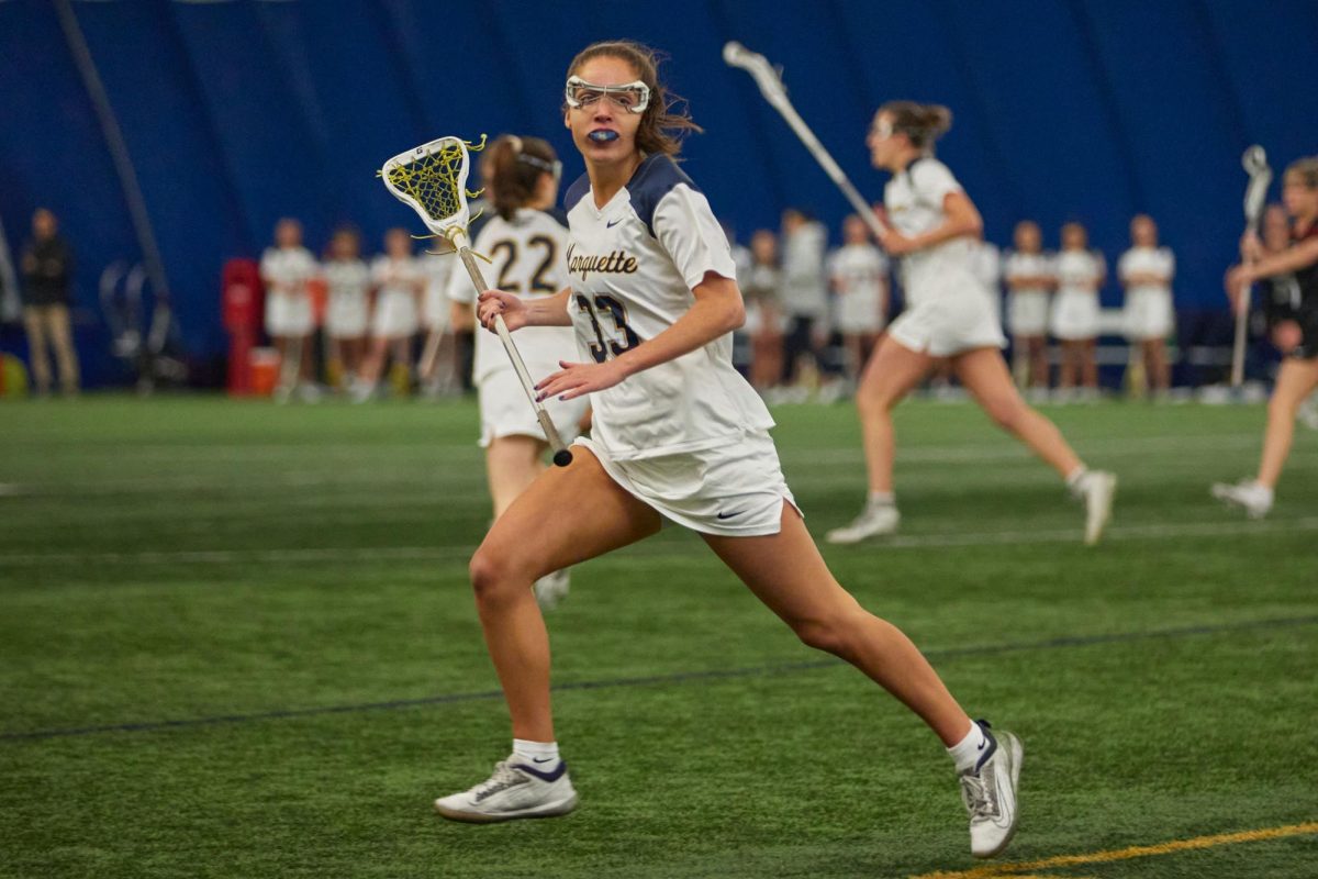 Senior attacker Meg Bireley became the third player in program history to hit 200 career points on Feb.28, earning a career-high nine points in Marquette's 16-11 win over Niagara. (Photo courtesy of Marquette Athletics.)