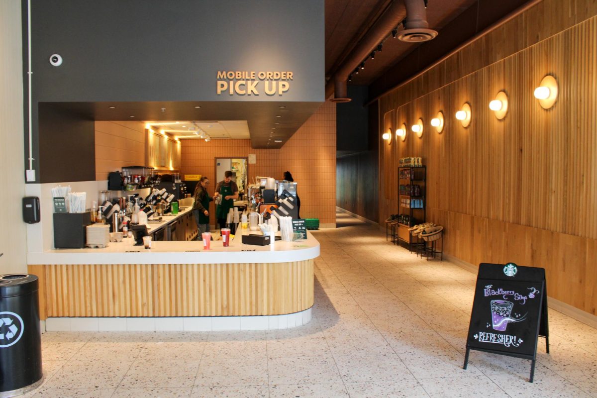 The campus Starbucks removed seating from the interior, requiring patrons to get their drinks and leave.  