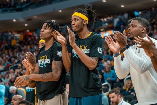 During his first year as a Golden Eagle, Amadou (middle) appeared in 14 games and scored a career-high six points in the win over Southern Nov 28, 2023.
