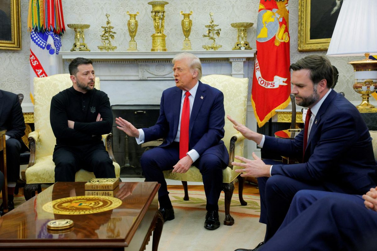 U.S. President Donald Trump meets with Ukrainian President Volodymyr Zelenskiy as U.S. Vice President JD Vance reacts at the White House in Washington, D.C., U.S., February 28, 2025.