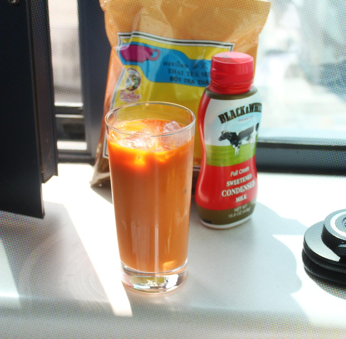 Thai tea is a blend of black tea, fortified with vanilla and yellow dye, and sweetened condensed milk