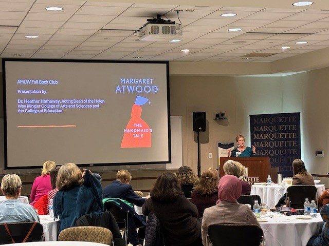 Dean Hathaway, Acting Dean of Klinger College of Arts & Sciences, leads discussion of "The Handmaid's Tale."