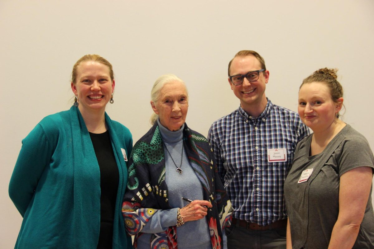 Dr Goodall’s visit to the University of Minnesota in 2018. From left to right: Claire A Kirchhoff, Jane Goodall, Jason Massey and Rebecca Nockerts.