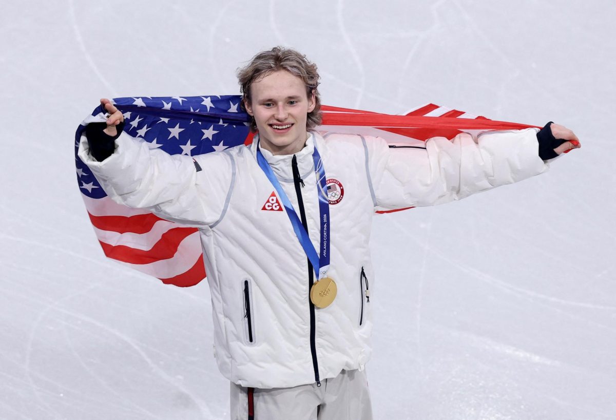 Milano Cortina 2026 Olympics - Figure Skating - Team Event - Victory Ceremony - Milano Ice Skating Arena, Milan, Italy - February 08, 2026. Gold medallist Ilia Malinin of United States celebrates after winning the Team Event REUTERS/Amanda Perobelli