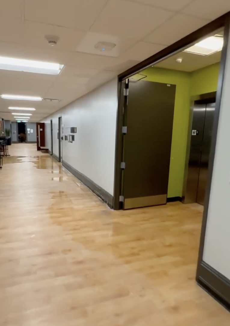 Flooding on the fourth floor of Johnston Hall Friday evening. 