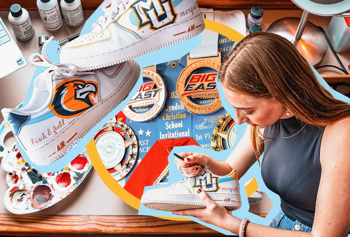 Tessa Hollander has always painted. After her 16th birthday, the Marquette junior javelin thrower turned her talents into a business. (Graphic by Allegra Delli Caprini)