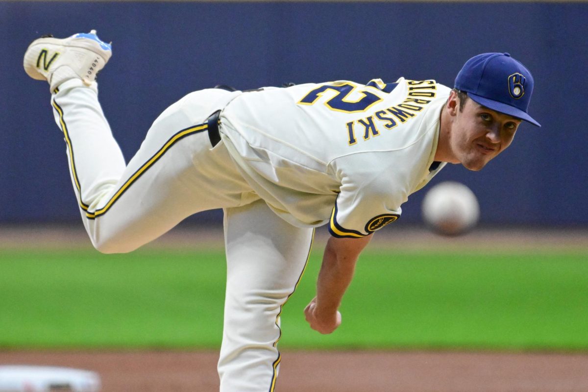 May 13, 2026; Milwaukee, Wisconsin, USA;  Milwaukee Brewers starting pitcher Jacob Misiorowski (32) throws a pitch in the first inning against the San Diego Padres at American Family Field. Mandatory Credit: Benny Sieu-Imagn Images