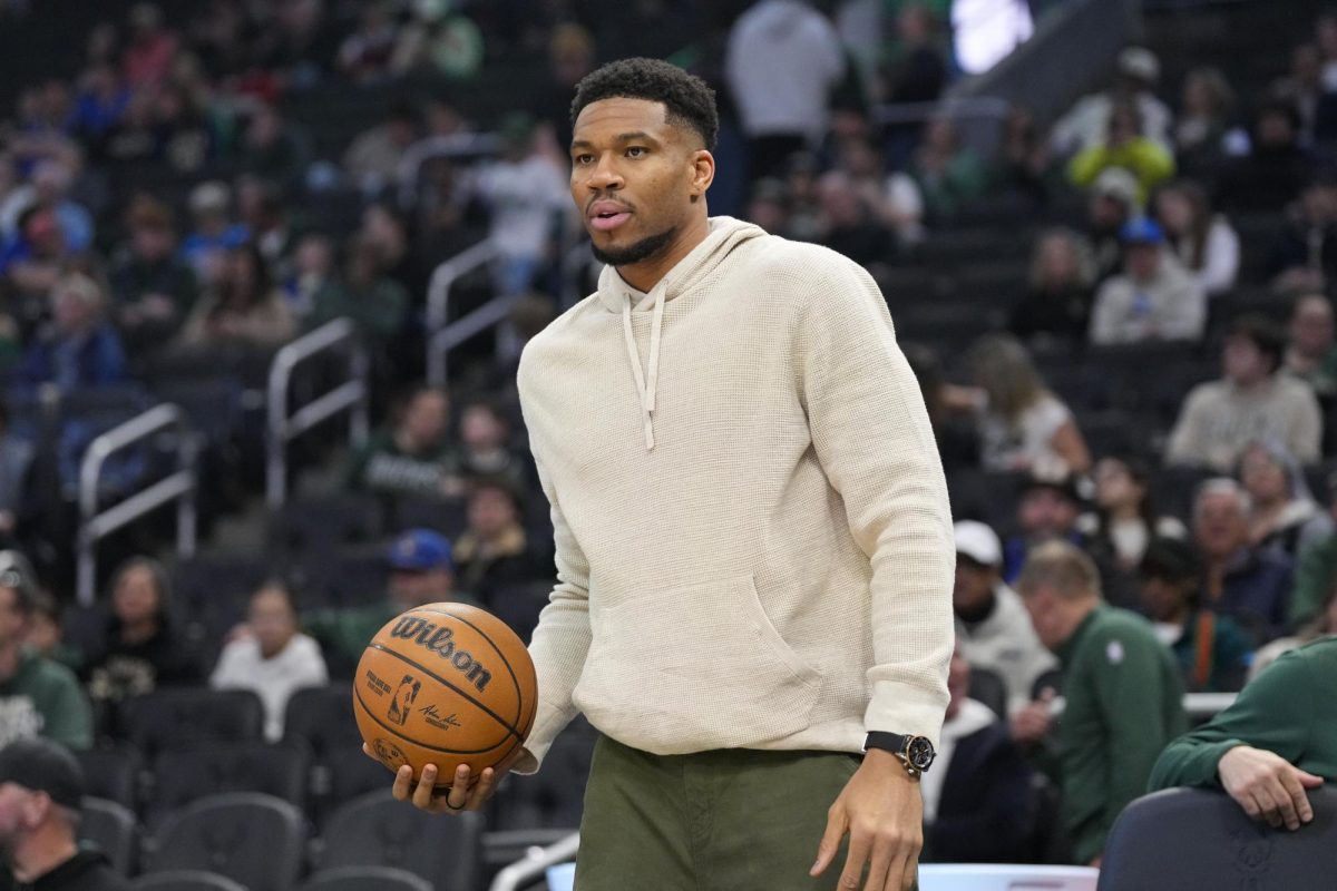 Apr 10, 2026; Milwaukee, Wisconsin, USA; Milwaukee Bucks forward Giannis Antetokounmpo (34) looks on prior to the game against the Brooklyn Nets at Fiserv Forum. Mandatory Credit: Jeff Hanisch-Imagn Images